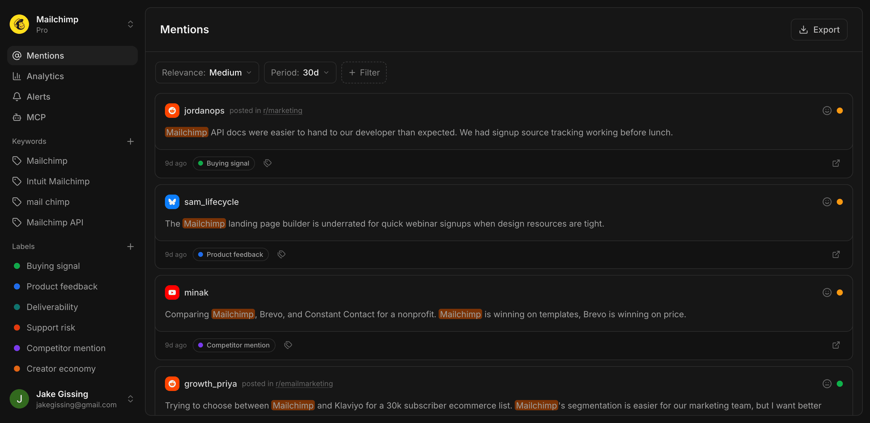 BrandSonar mentions feed showing Mailchimp mentions scored and labelled across platforms